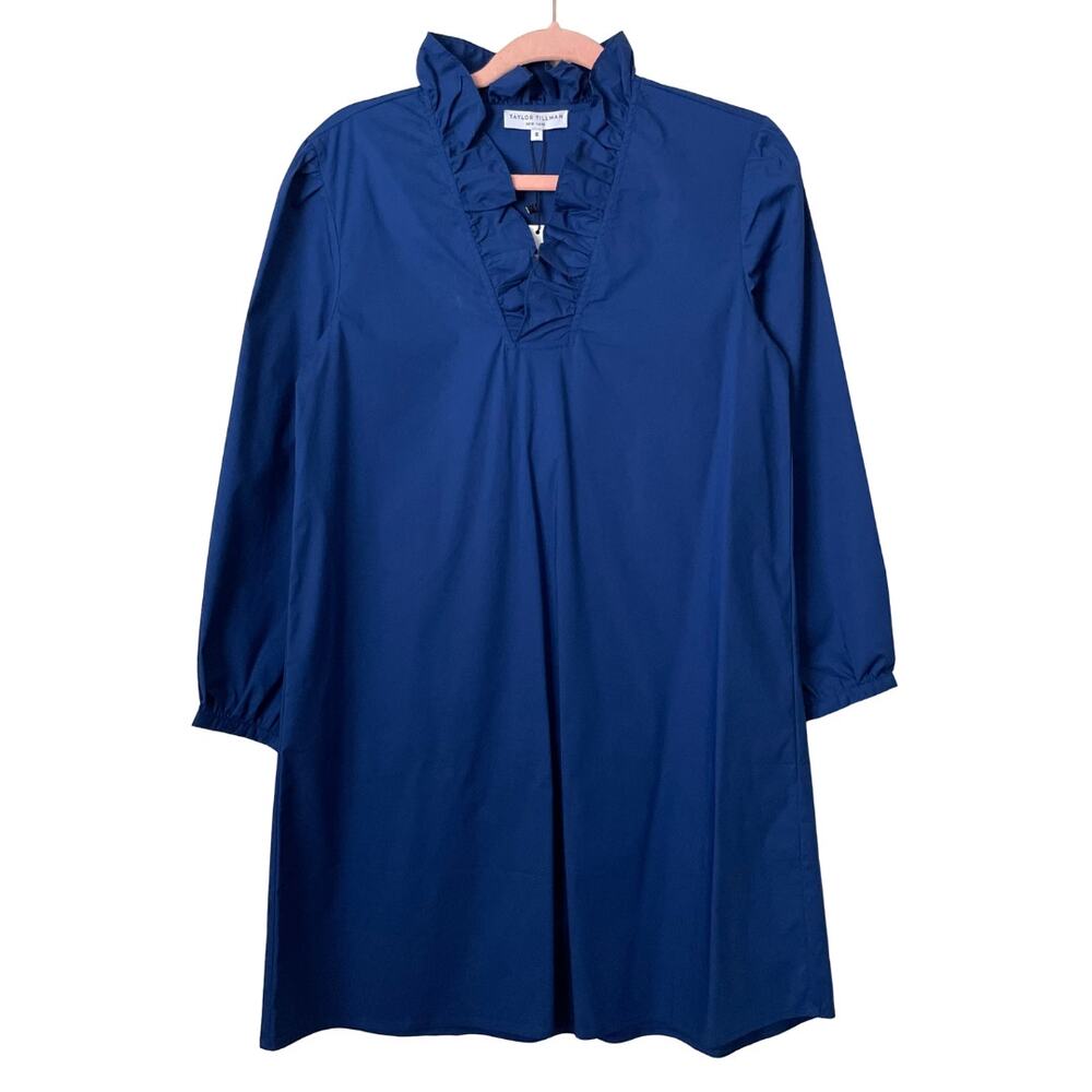 Taylor Tillman Dress Womens Small Blue Mini Ruffle Cotton Poplin Minimalist‎ NEW